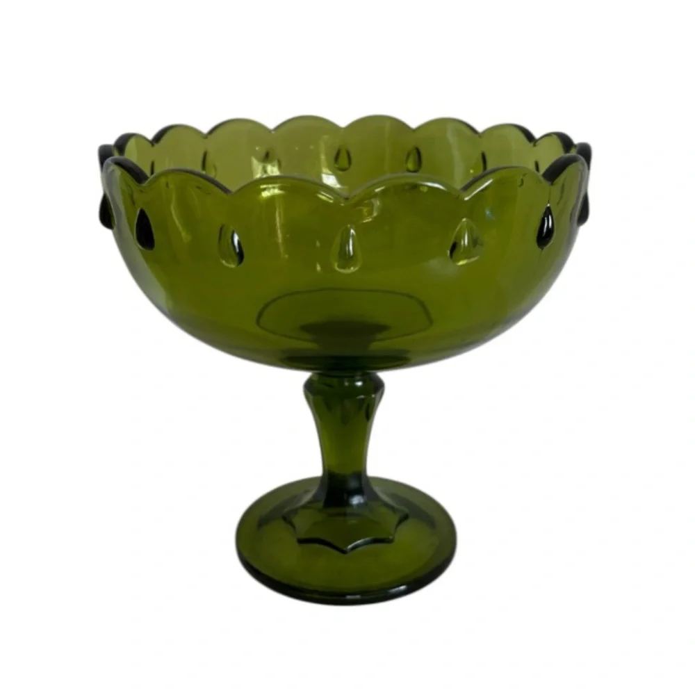 Vintage Pedestal Olive Green Indiana Glass Compote Candy Dish Bowl 7.5” X 7.5”